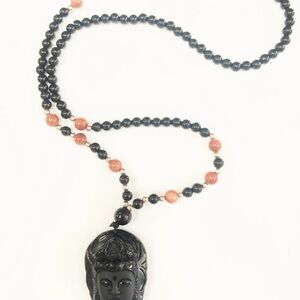Black Onyx Thai Buddha Head Carving /  Onyx and Silver Beads / Goldstone